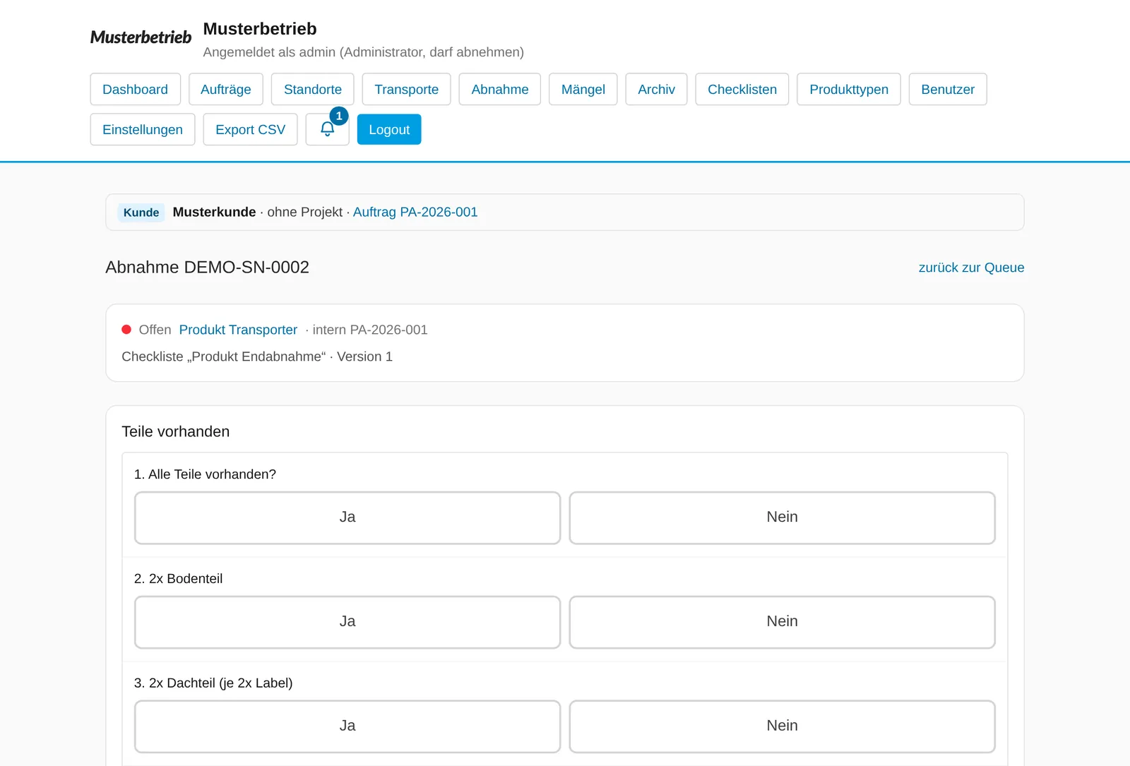 Echter Screen der Prüf-App aus der Fallstudie Produktionsbetrieb: Abnahme einer Einheit mit Checkliste zum Antippen. Testdaten, anonymisiert.