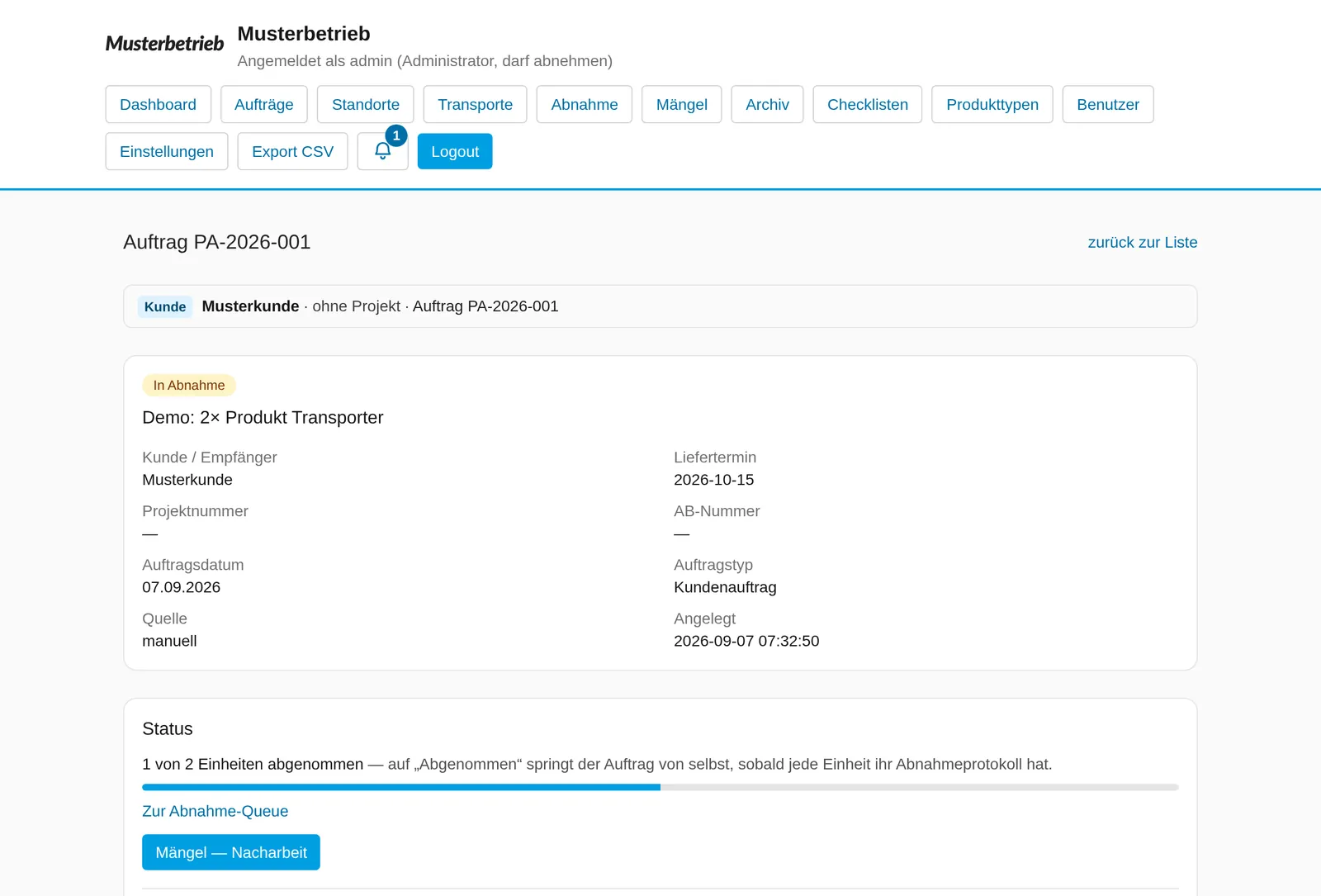 Echter Screen der Prüf-App: Auftrag mit Status der Abnahme und Weg zu Mängeln und Nacharbeit. Testdaten, anonymisiert.