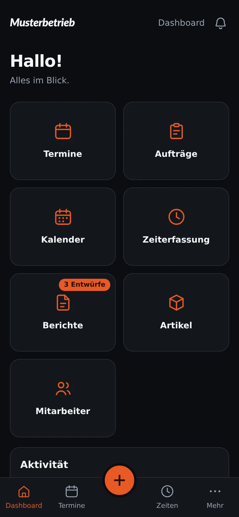 Echter Screen der Einsatz-App aus der Fallstudie Rohr- und Kanalreinigung: Startseite mit Terminen, Aufträgen, Kalender, Zeiterfassung und Berichten. Testdaten, anonymisiert.