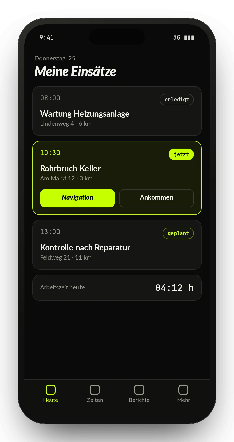 Beispiel-Oberfläche: Mitarbeiter-App auf dem Handy mit den Einsätzen des Tages, Navigation und Arbeitszeit