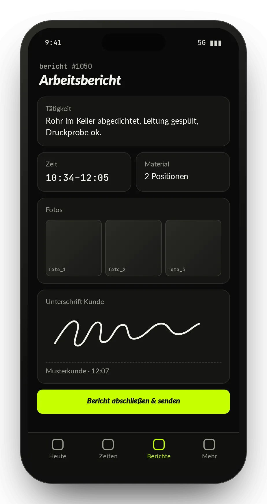 Beispiel-Oberfläche: digitaler Arbeitsbericht auf dem Handy mit Tätigkeit, Zeiten, Fotos und Unterschrift des Kunden