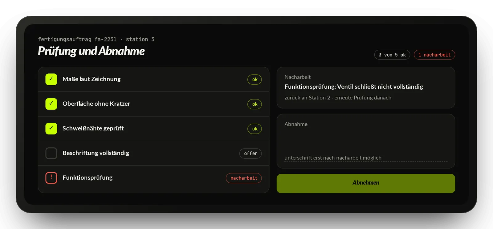 Beispiel-Oberfläche: Prüf-Checkliste auf dem Tablet mit Nacharbeit und Abnahme per Unterschrift