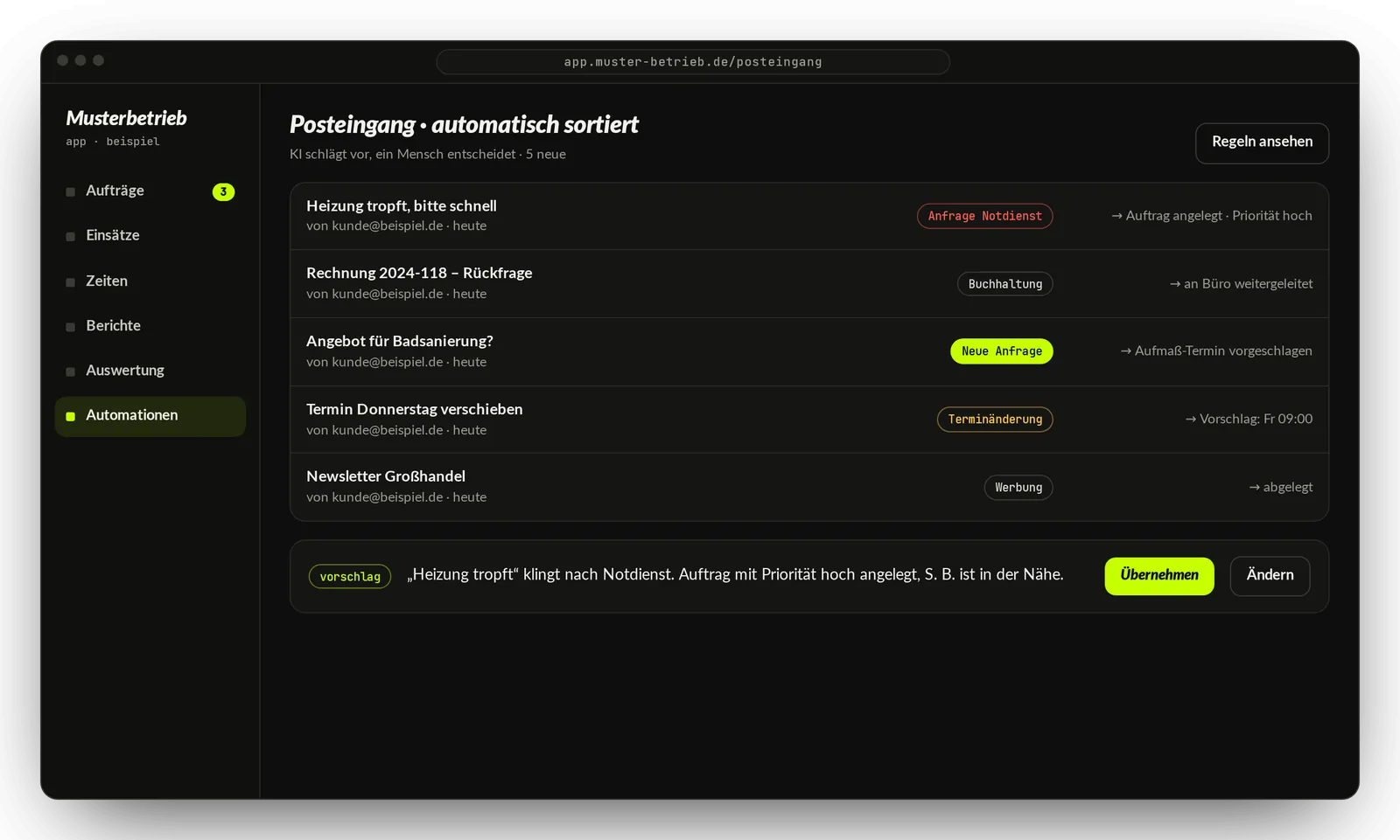 Beispiel-Oberfläche: KI sortiert eingehende E-Mails nach Anfrage, Terminänderung und Rechnung und macht Vorschläge, die ein Mensch bestätigt