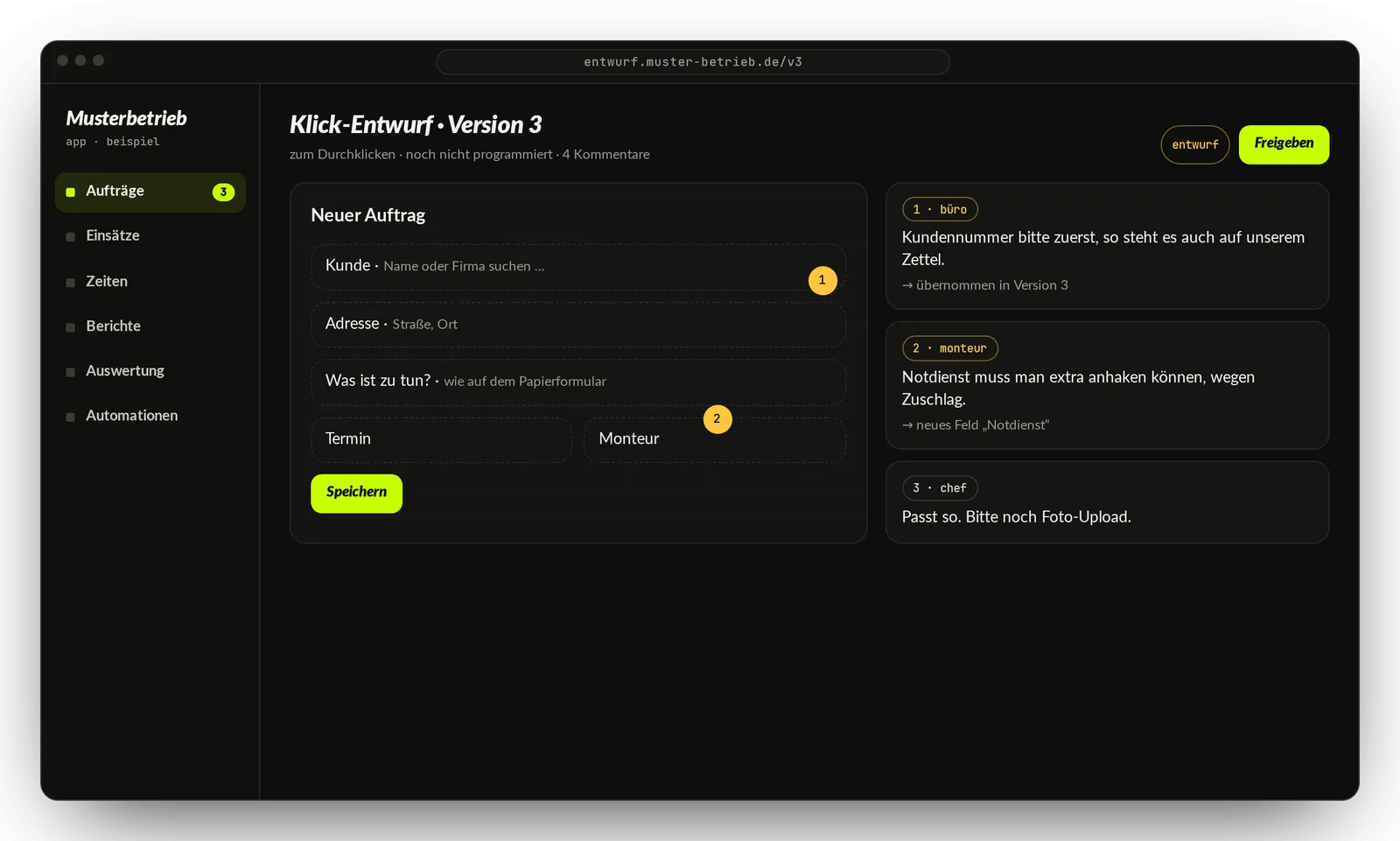 Beispiel-Oberfläche: klickbarer Entwurf einer App mit Kommentaren aus dem Team, bevor programmiert wird