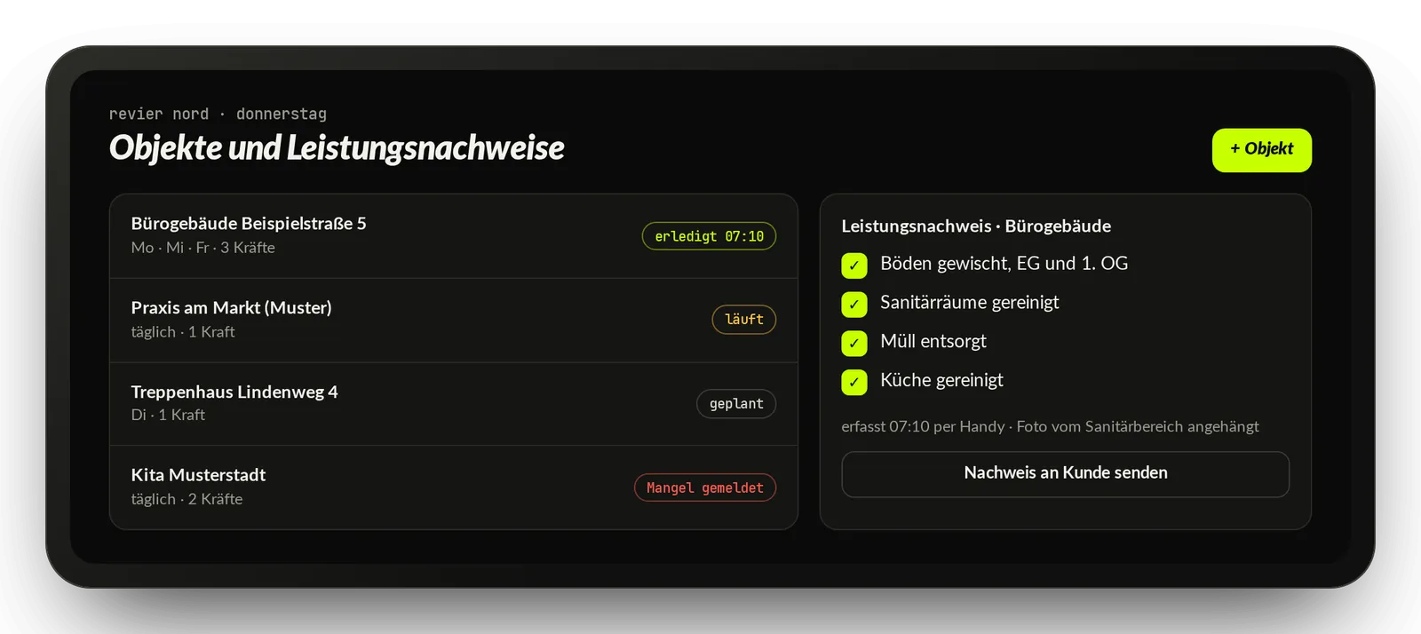 Beispiel-Oberfläche: Reinigungsplan mit Objekten, Einsatzstatus und digitalem Leistungsnachweis für den Kunden